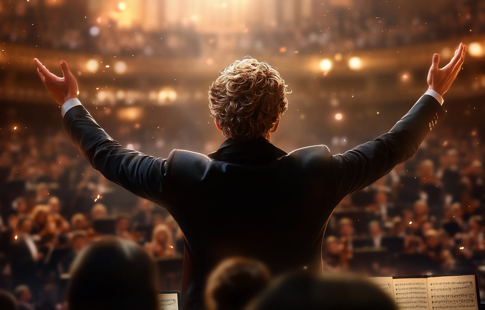 A conductor leads an orchestra, captivating an audience with music.
