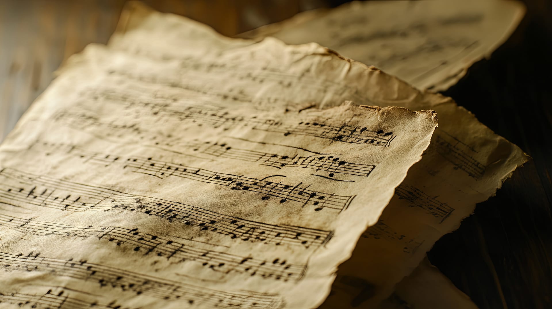 Close-up of aged yellowed sheet music with handwritten musical notes showing curled edges and vintage texture. Ready for some live music?